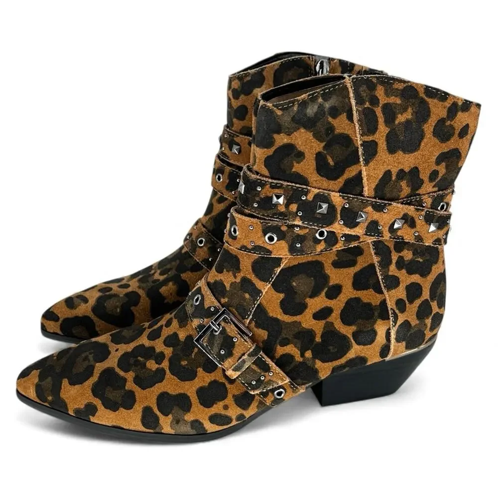Kenneth Cole Cheyenne Stud Leaopard Suede Ankle booties brown black - 9